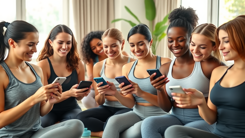 Diverse women using weight loss app 2025 in modern home, tracking fitness progress on smartphones, smiling and confident.