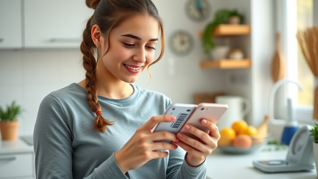 Focused woman using MyFitnessPal 2025 weight loss app calorie counter in bright kitchen, scanning food barcode.