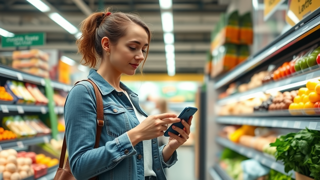 Woman using barcode scanner on Lose It! 2025 food tracking app in a modern grocery store for weight loss.
