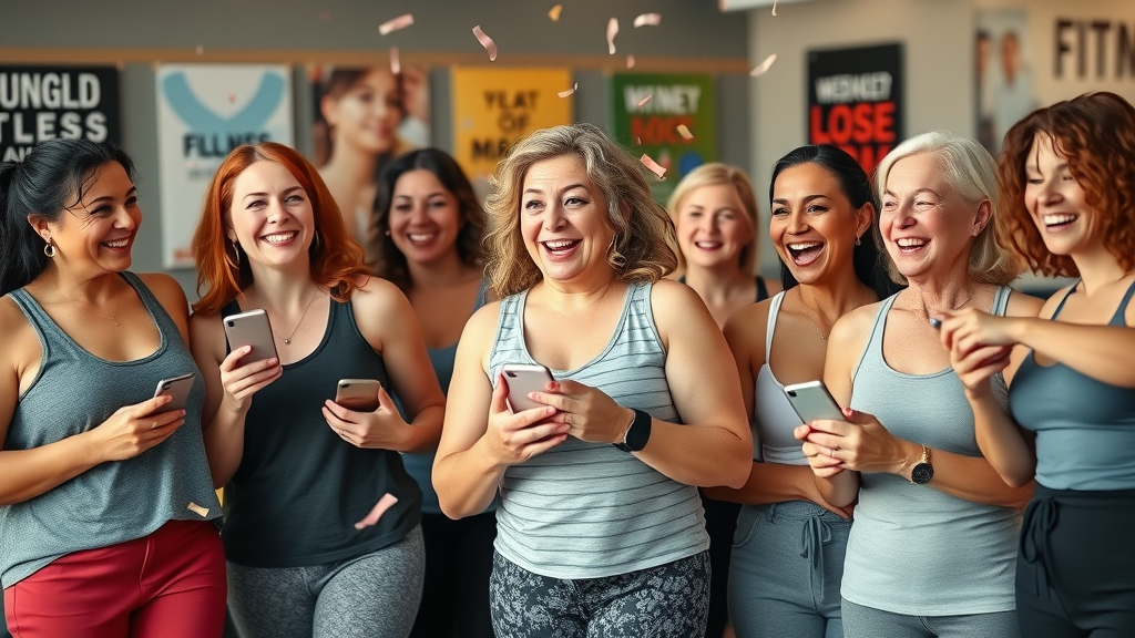 Group of women joyfully celebrating weight loss with WW app 2025, supporting each other in a gym.