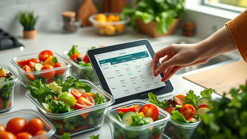 Healthy meal prep with Yazio weight loss app displaying meal plan on kitchen tablet, vibrant salads.