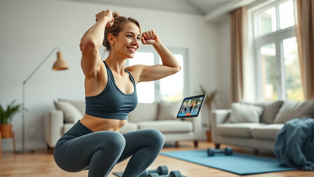 Woman doing strength training with 8fit workout app on tablet in home gym for weight loss 2025.