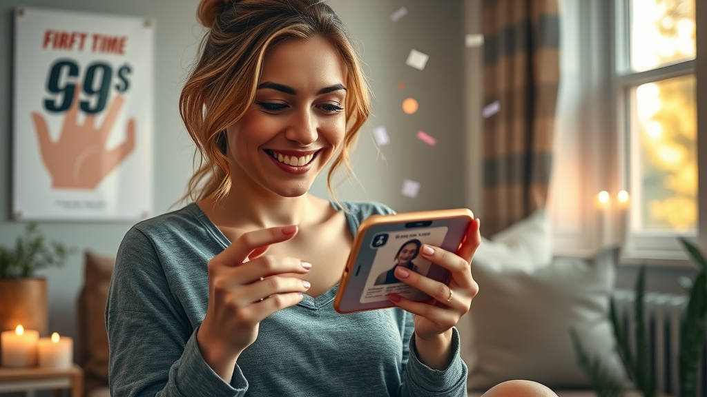 Woman delighted at reaching weight loss app milestone, confetti and happy notification in cozy living room.