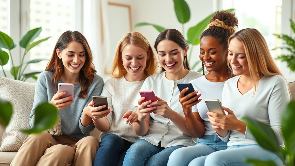 Modern group of diverse women using weight loss apps together, checking smartphones, in bright living room, weight loss apps in 2025