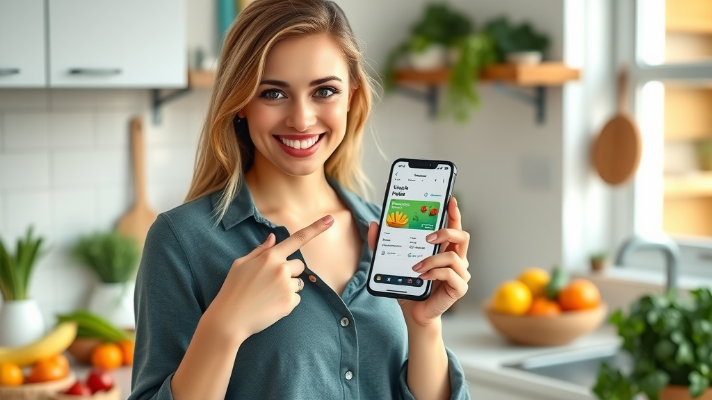 Friendly nutritionist woman holding smartphone with weight loss app in kitchen surrounded by fruits and vegetables, weight loss app for women 2025