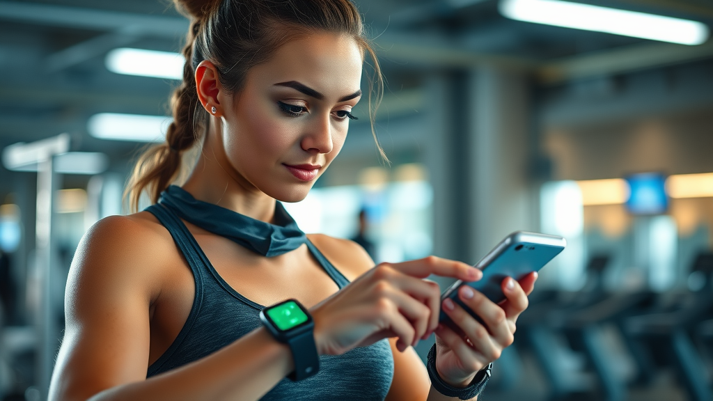 Young woman confidently syncing her fitness tracker with a weight loss app on her smartphone, modern gym, best weight loss app fitness integration 2025