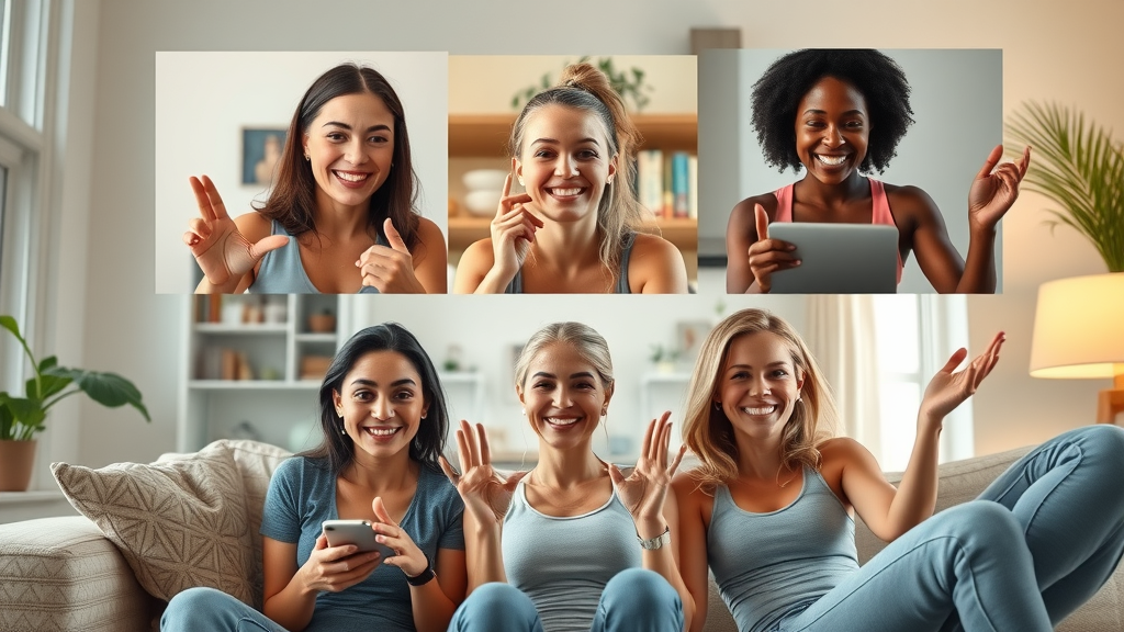 Supportive online fitness community for women on video call, diverse home backgrounds, best community weight loss apps 2025