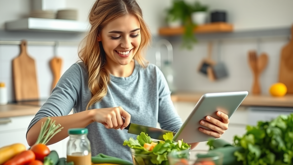 Healthy woman preparing salad using a weight loss app on her tablet, kitchen fresh veggies, customizing weight loss app based on eating habits 2025