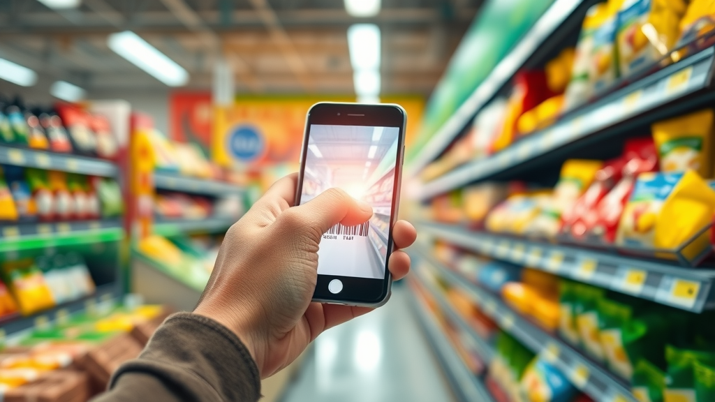 Smartphone scanning food barcode with dynamic beam in grocery aisle, best barcode scanner weight loss app 2025