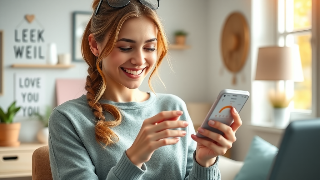 Happy young woman tracking meals on weight loss app, visible progress charts, relaxed home office, tracking eating habits with weight loss app 2025