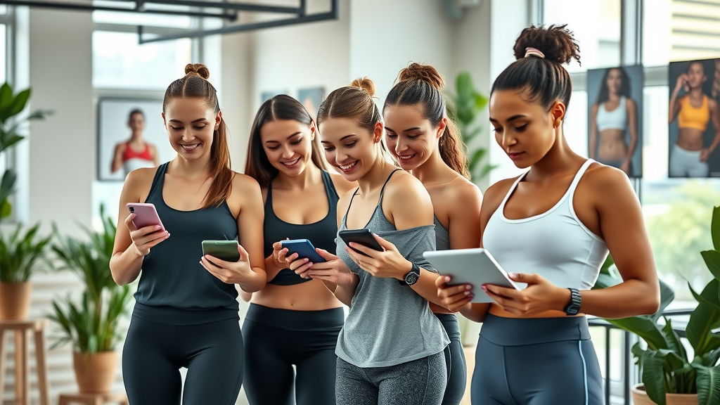Group of women in activewear reviewing health data on devices in a co-working wellness space, syncing workouts and weight loss apps 2025