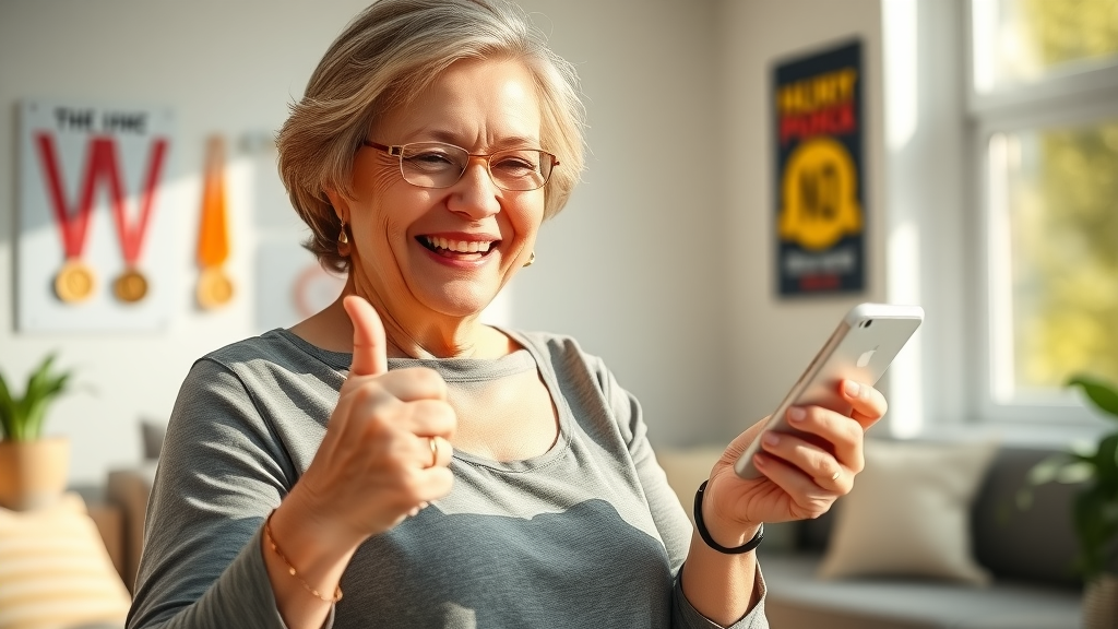 Joyful woman celebrating progress, checking milestones on weight loss app, living room with medals, best weight loss app for women 2025
