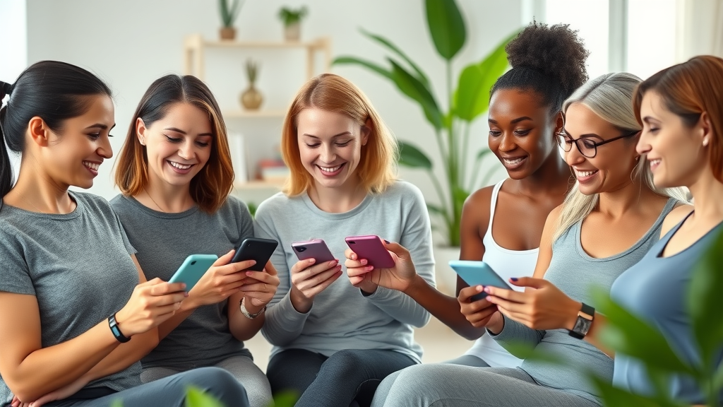 Vibrant group of women using weight management apps and fitness trackers in a bright, tech-friendly living room with minimalist decor and interactive screens.