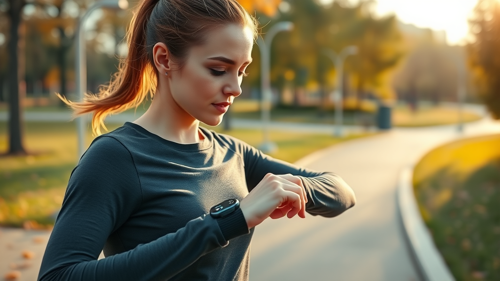 Inspirational woman in fitness gear analyzing health data on her smartwatch against a park backdrop.