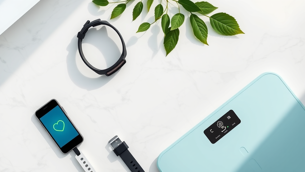 Flat lay of weight management technology devices, apps, and smart scales arranged on a marble tabletop with greenery and bright screens.