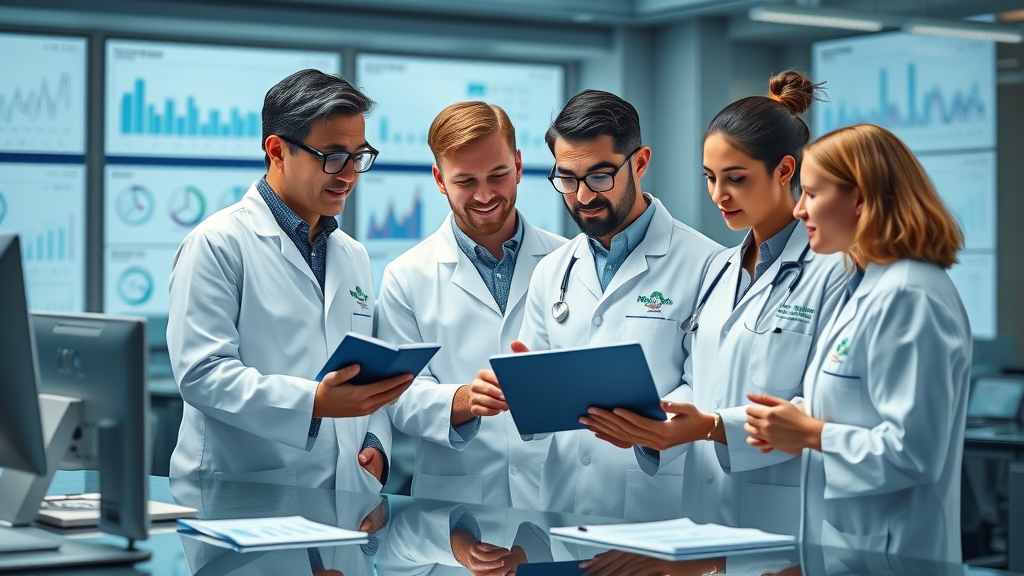 Clinical research team discussing systematic reviews and digital weight loss graphs on a tablet in a modern office.