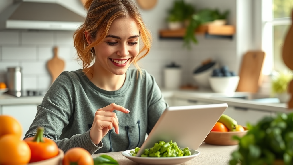 Happy beginner following weight management app instructions on a tablet, meal prepping in a sunny kitchen.