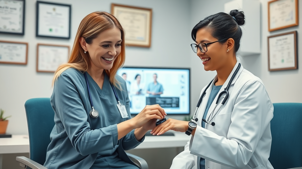 Supportive primary care physician teaching a patient to sync a wearable to a digital health portal in a modern clinic.