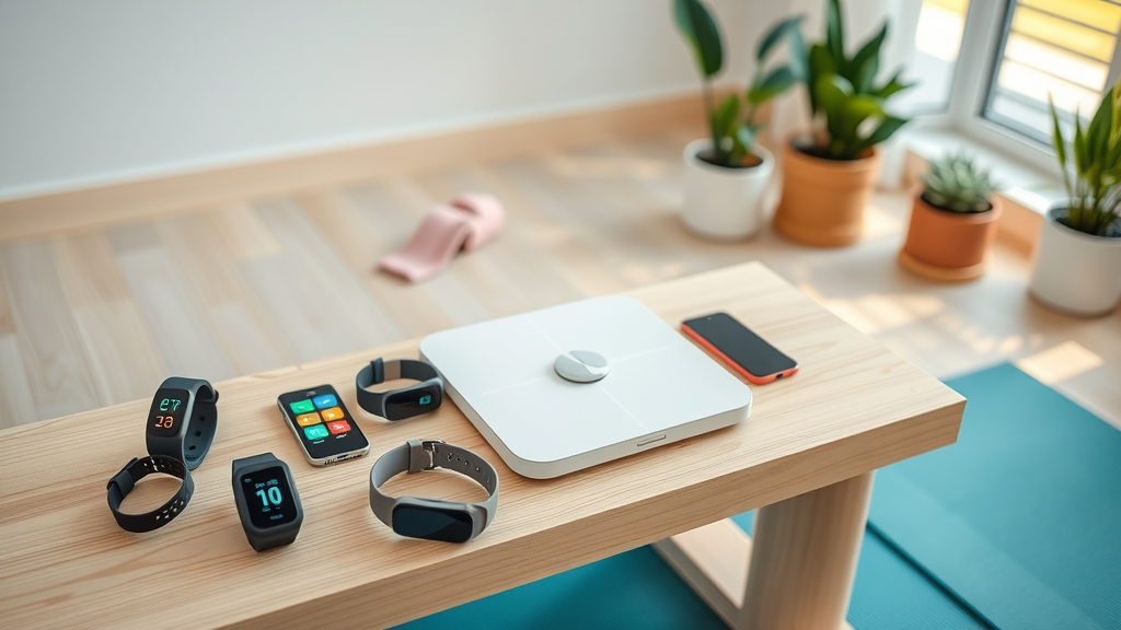 Top-rated smart trackers, wellness apps, and smart scale displayed together in a bright home gym setting.