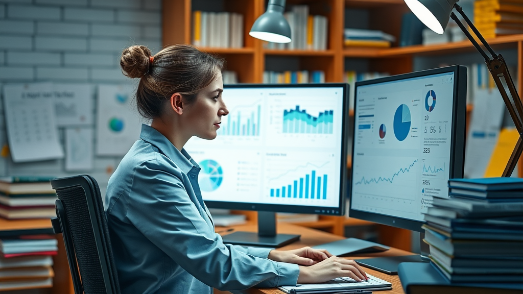 Female researcher analyzing weight management study results on a monitor in a scientific office with charts and books.