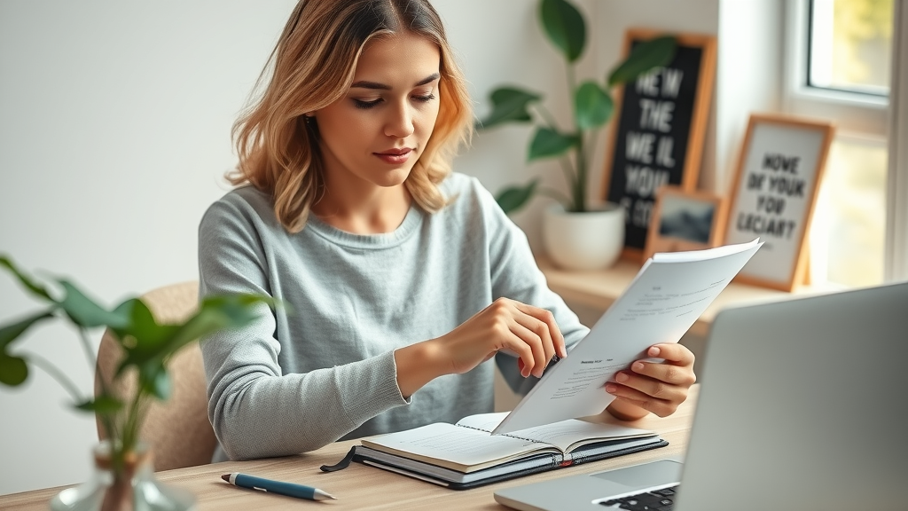 Woman comparing smartwatch activity data with her paper journal, balancing modern and traditional weight management in a minimalist workspace.