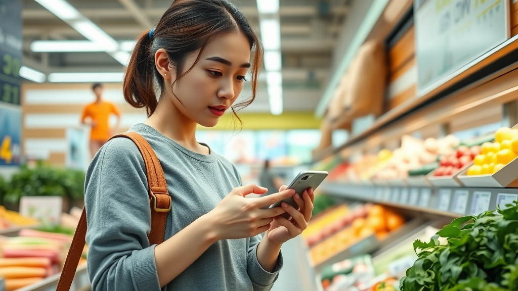 Modern Japanese woman checking health app for step count while shopping for fresh groceries in a Tokyo supermarket.