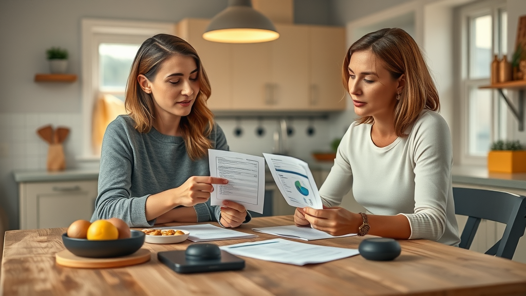 Two women comparing weight management devices and apps at a kitchen table, reviewing a checklist and discussing pitfalls carefully.