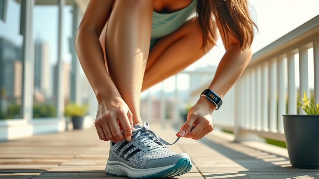Energetic beginner tying shoes with fitness tracker visible, ready to start her weight management technology journey on a sunny porch.