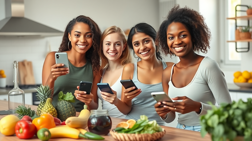 Diverse women using personalized weight loss tools with digital devices and fresh produce in a bright kitchen