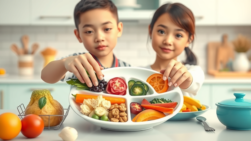 Placing balanced foods onto a colorful MyPlate using personalized weight loss tools in a bright kitchen