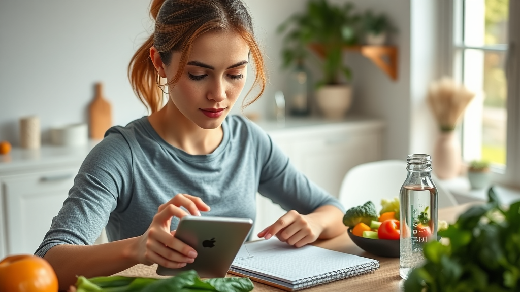 Woman planning a meal using personalized weight loss tools and a meal planner app with fresh groceries