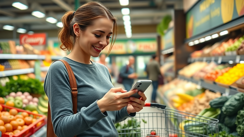 Woman shopping for healthy foods using a personalized weight loss tools grocery list in a produce market