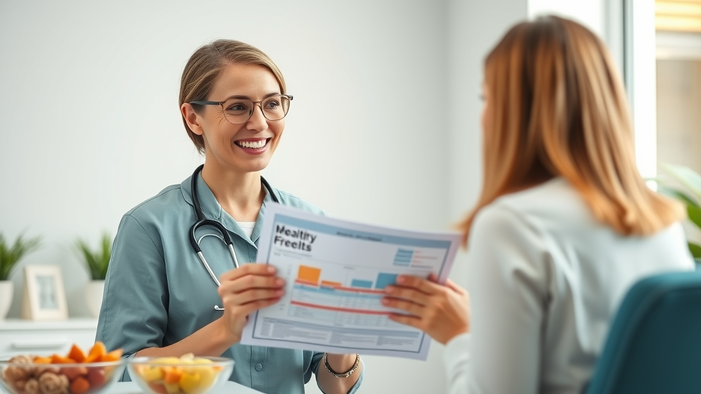 Friendly health care professional giving personalized weight loss advice in a bright clinic