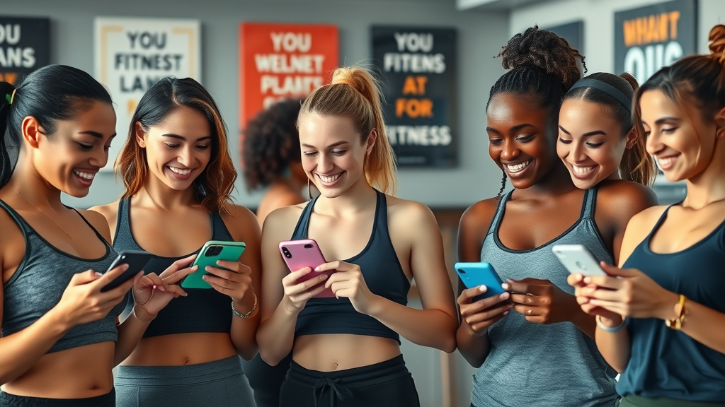 Vibrant group of diverse women using fitness apps on their smartphones in a modern gym — health and fitness apps in action, photorealistic, natural poses, motivational space