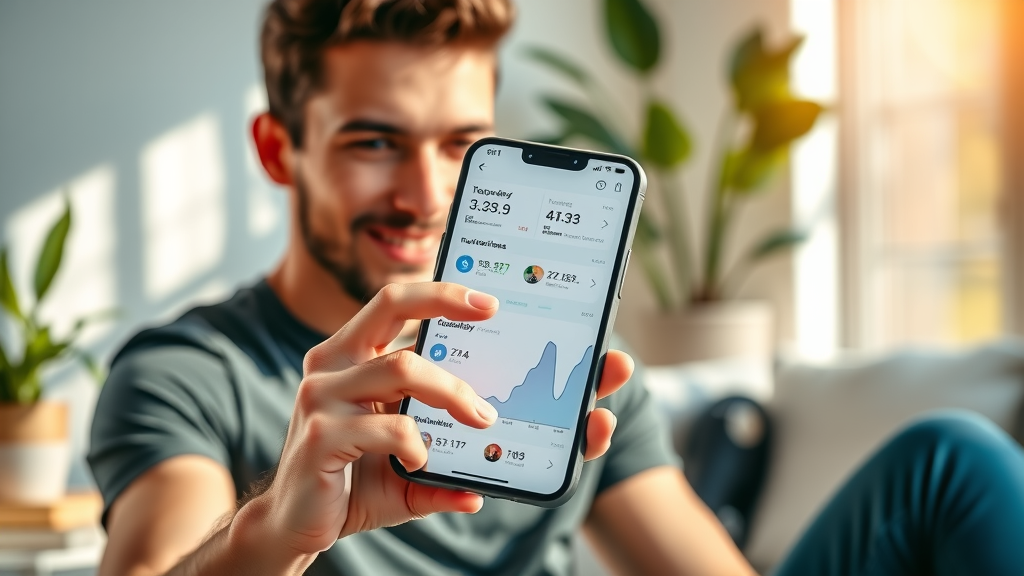 Modern smartphone showing health and fitness app dashboard — personal trainer features, progress tracking, fitness app interface, photorealistic, sunlit living room