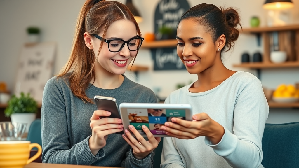 Female tech expert advising woman on choosing health and fitness apps — interactive, friendly, fitness app comparisons, photorealistic, cozy coffee shop