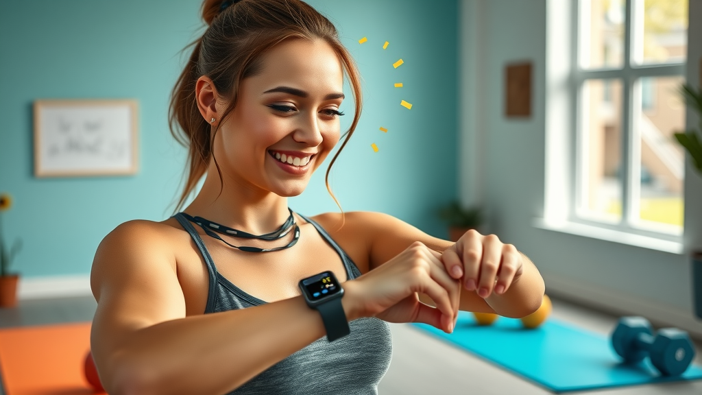 Happy beginner woman celebrating progress with her fitness app — health and fitness app benefits, personal trainer smartwatch, photorealistic home gym