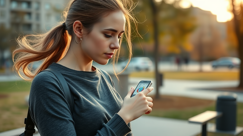Woman thoughtfully assessing health and fitness app data on her smartwatch — fitness tracker analytics, photorealistic, jogging in urban park