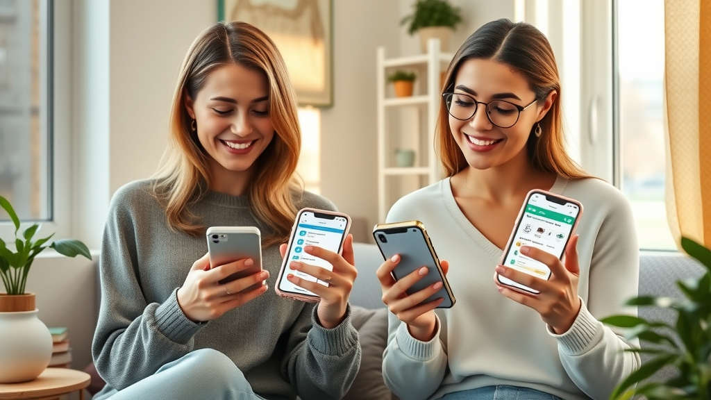 Women comparing free health app interfaces side by side — evaluating features, friendly and curious, photorealistic, cozy study nook