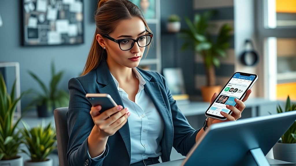 Professional woman reviewing multiple wellness and fitness apps on several devices — health and fitness apps comparison, personal trainer guidance, photorealistic modern home office