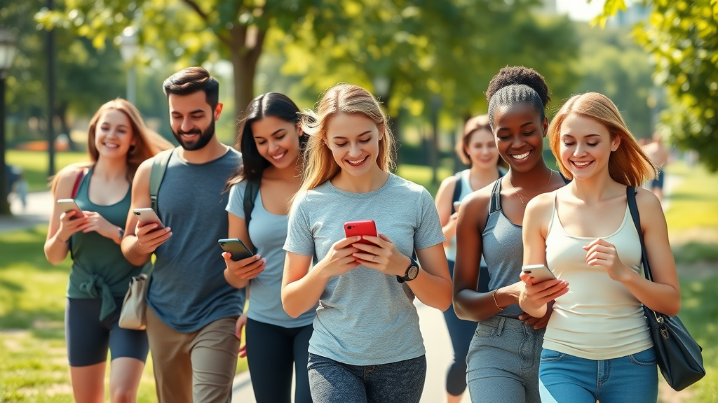 Vibrant group of women using mobile apps for weight loss in a sunny city park