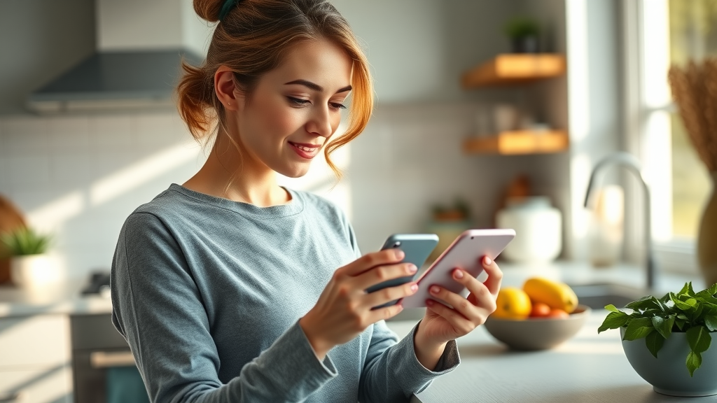 Woman using mobile app for weight loss checking calorie tracking at home kitchen
