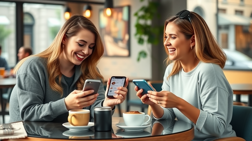 Friends celebrating mobile weight loss app achievements in an urban café