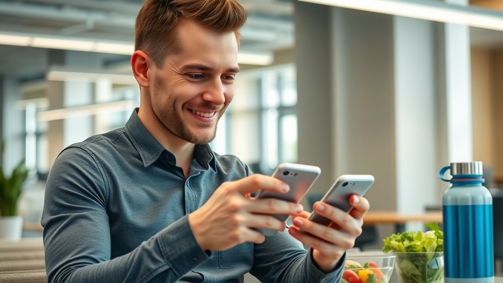 Active man logging meals in weight loss app at modern break room