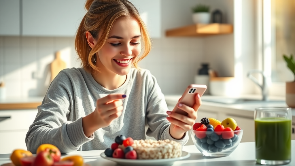 Young woman using nutrition tracking application at breakfast with oatmeal, berries, and green smoothie in modern sunlit kitchen - nutrition tracking applications