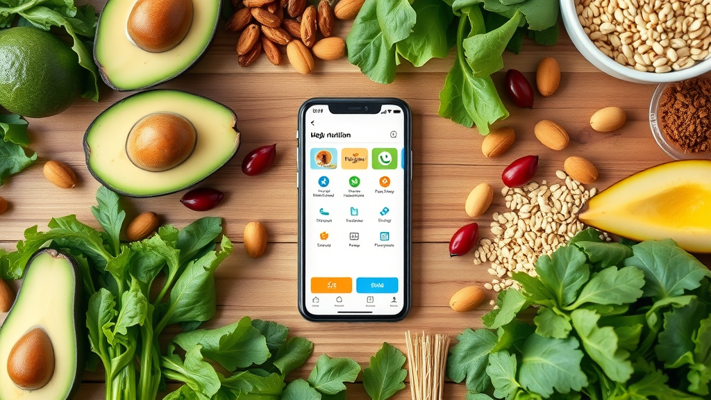 Smartphone surrounded by healthy foods and nutrition app open — nutrition tracking applications interface on a wooden table