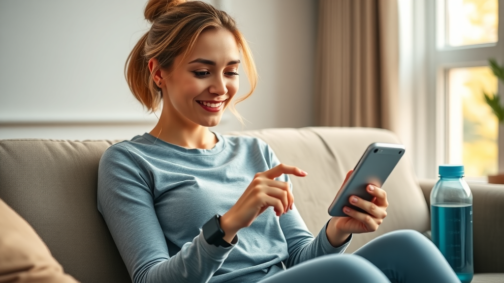 Woman reviewing weight loss progress on nutrition tracking application — hopeful and motivated for healthy eating