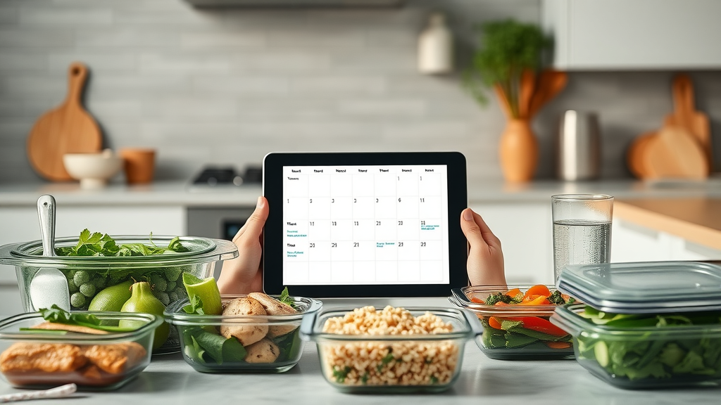 Digital food journal and meal plan view surrounded by healthy meal prep — meal plan and food tracking app for healthy eating