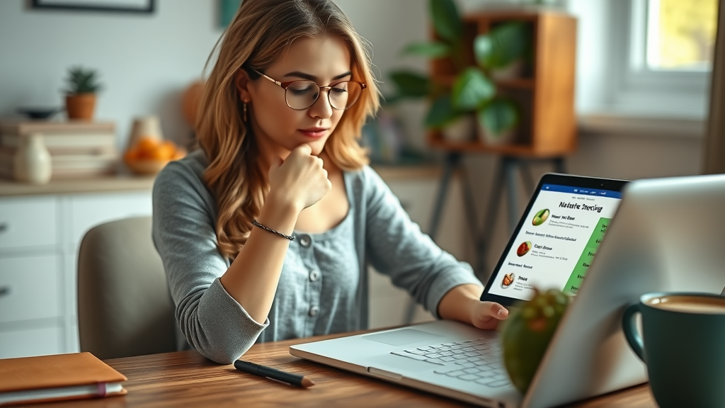 Woman evaluating pros and cons of nutrition tracking apps on digital sticky notes and laptop with food tracking app open