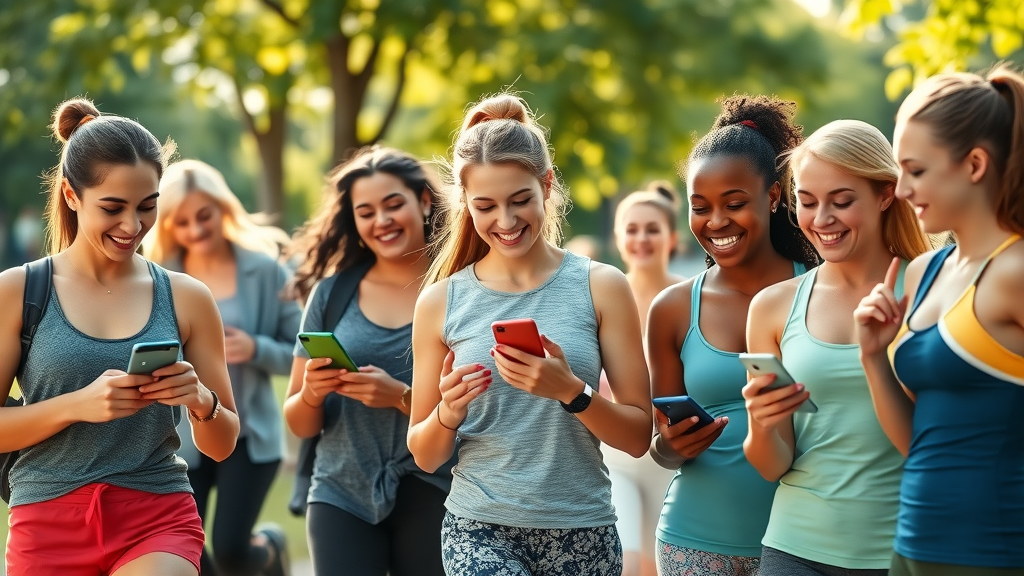 Group of women supporting each other with nutrition tracking applications — fitness and healthy eating journey together